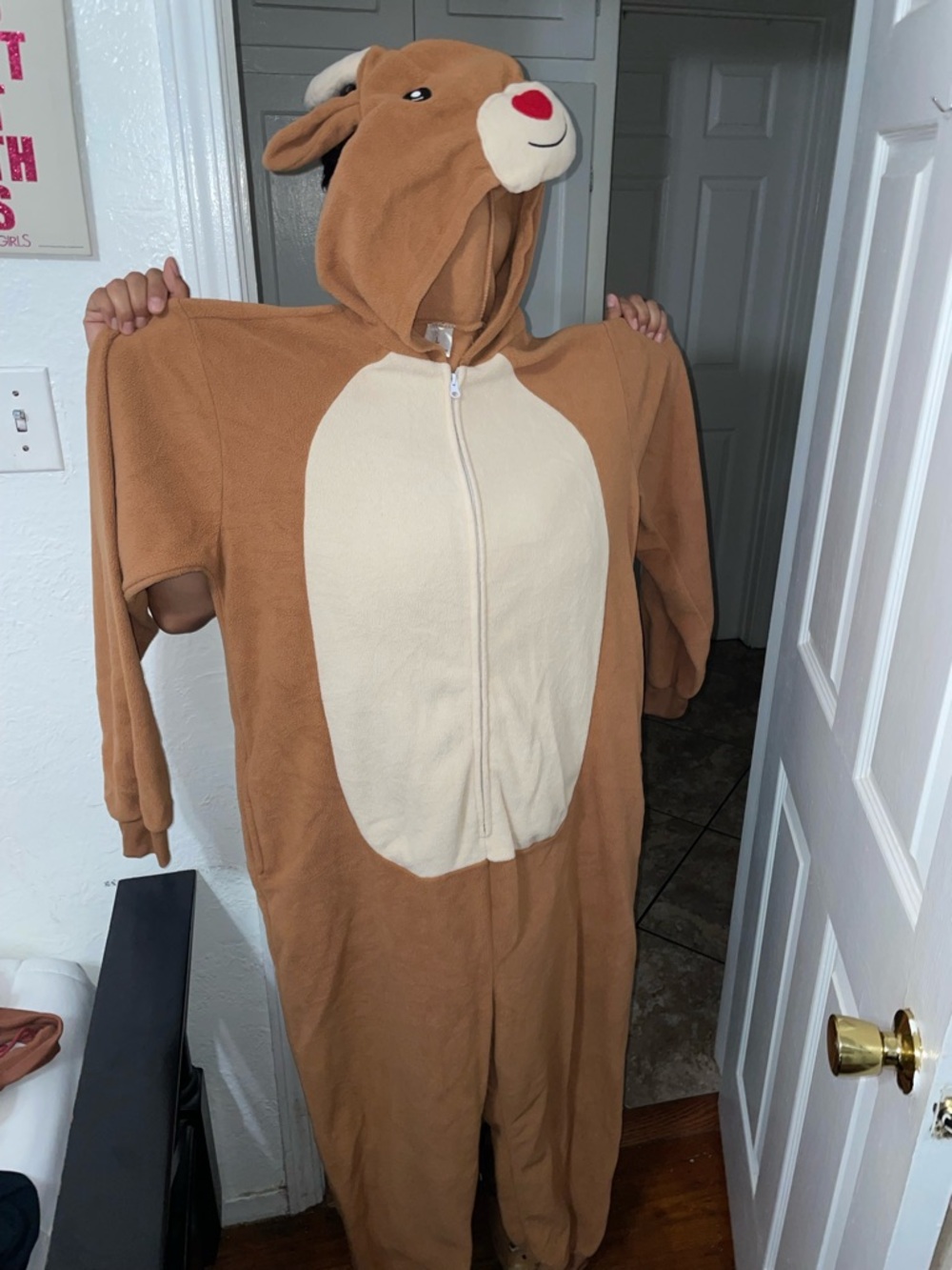 Brown Reindeer Onesie with Cream Belly and Hood
